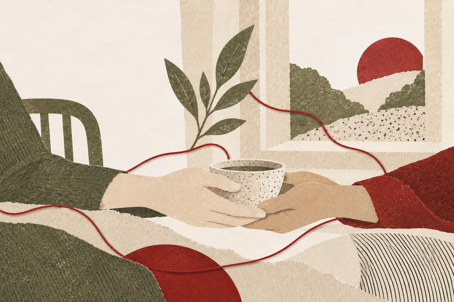 Collage di carta con due mani che condividono una tazza accanto a una finestra, un ramo d'ulivo e un filo rosso