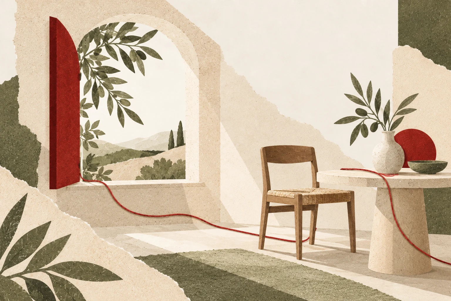 Collage di un interno domestico con finestra ad arco, sedia, vaso con ramo d'ulivo e filo rosso