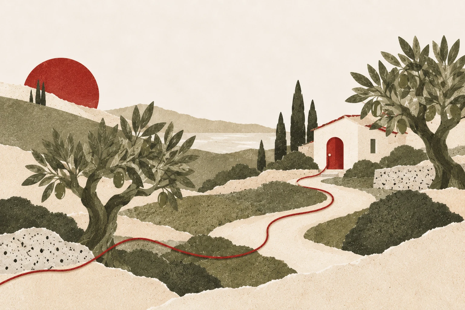 Paesaggio illustrato di carta con ulivi, colline e una casa dalla porta rossa, collegata a un sentiero da un filo rosso